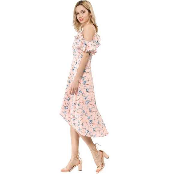 Allegra K Women's Spaghetti Straps Ruffled Sleeves Asymmetrical High Low Floral - Picture 4 of 9